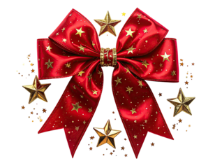 Red ribbon bow, adorned with gold stars, set against a black background