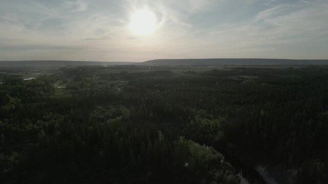 Sunset in Olekminsk, Yakutiya. Drone aerial view.