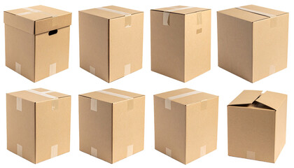 Fototapeta premium Cardboard boxes in various orientations, showing different perspectives of their open and closed lids