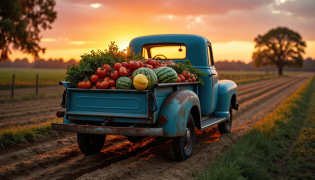 Fototapeta Vintage blue truck loaded with fresh vegetables like tomatoes, watermelons drives through sun-drenched field at sunset. Scene captures of agricultural harvest, rural transportation. Rusty details on
