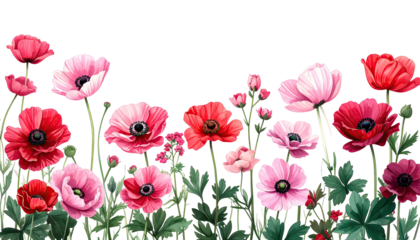 A vibrant floral border of various shades of pink and red anemones