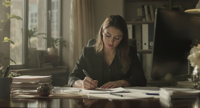 Businesswoman working at desk, writing notes, paperwork, office, professional, female, concentrated, serious, indoors, sunlight, desk job, career, paperwork, documents, business, office worker, e