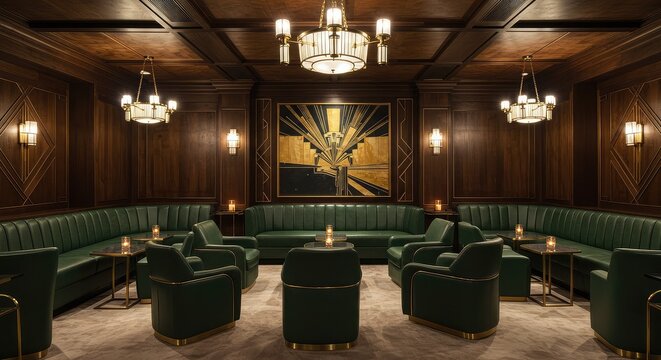 Indulge in sophisticated luxury with this opulent private lounge featuring plush emerald green seating, warm wood paneling, and elegant art deco accents for an exclusive, intimate atmosphere.
