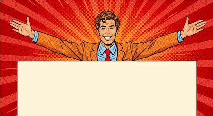 A cheerful businessman in a pop art style, with arms outstretched, presents a blank sign against a vibrant red and yellow background.