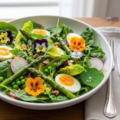 Artistic spring salad featuring fresh garden vegetables and edible flowers