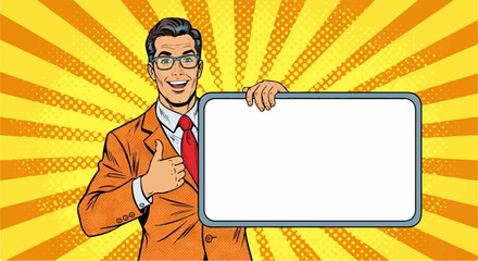 A cheerful businessman in a retro pop art style gives a thumbs up while proudly displaying a blank sign against a vibrant yellow sunburst background.