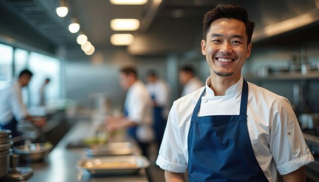 Smiling young Asian chef in blue apron and white uniform works in modern restaurant kitchen. Other chefs busy in background. Pro cook ready for service. Culinary expert with confident expression.