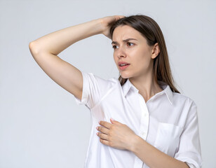 Young woman raising arm with worried expression, visible sweat stain on shirt, body odor problem concept, white seamless studio background, professional advertising photo