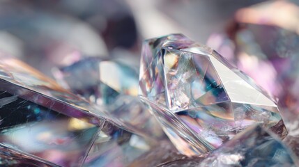 Close Up Sparkling Clear Gemstones with Multicolored Reflections on Black Background