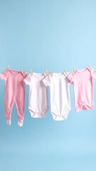 Baby clothes on clothesline against blue background