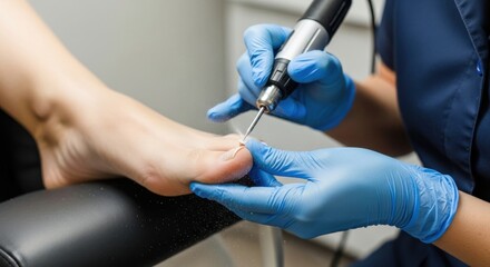 Podiatrist meticulously performing a pedicure on client's toenails with specialized tool
