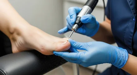 Stickers Pedicure Podiatrist meticulously performing a pedicure on client's toenails with specialized tool  © Rumput