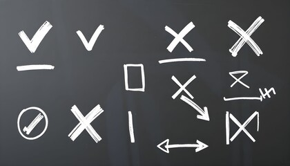 Hand-drawn symbols, including checkmarks, crosses, and arrows, on a dark chalkboard background.