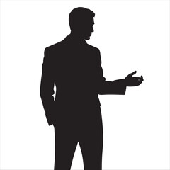 Black silhouette of a professional man in a business suit, with one hand in his pocket and the other making a welcoming or explanatory gesture