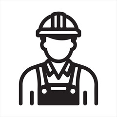Simple black and white line icon of an industrial worker, builder, or engineer wearing a safety hard hat and overalls
