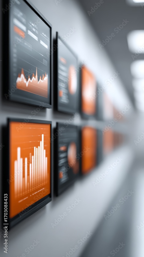 Poster multiscreen display, illuminating data insights through dynamic graphs and charts.