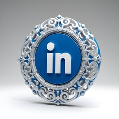 Ornate silver frame surrounds a 3D blue LinkedIn logo.