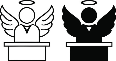 Innocence Icons. Black And White Vector Illustrations. Man With Wings And Halo Over His Head. Not Involved In Crime, Misdemeanor, Or Other Evil Deed. Justice Concept

