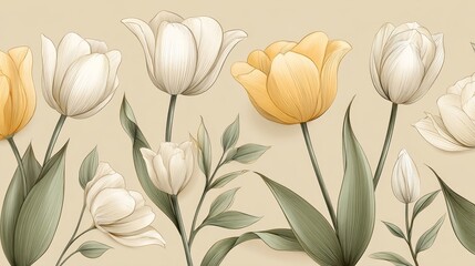 Elegant white and yellow tulips on a neutral beige backdrop, serene floral display.