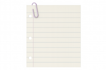 Blank notebook page secured by metallic paperclip, offering clean workspace against transparent backdrop for creative layouts