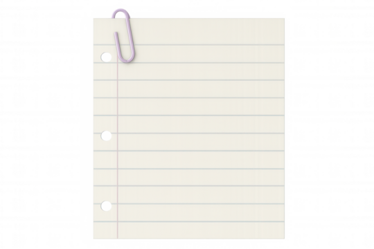 Blank notebook page secured by metallic paperclip, offering clean workspace against transparent backdrop for creative layouts