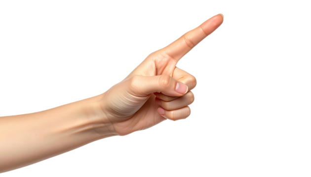 A light-skinned hand extends outward, pointing