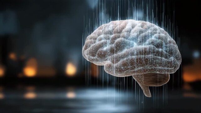 A brain with a lot of lines coming out of it. The lines are blue and white. AI brain hologram with floating paragraph law symbols overlay, policy minimal futuristic dark