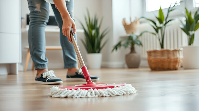 Woman cleaning floor using mop at home, swob, house work, closeup
