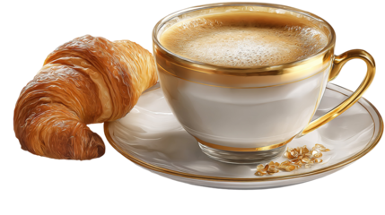 cup of coffee and croissant isolated on transparent white background