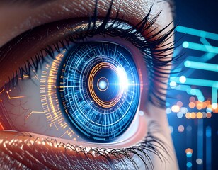 Close-up of a futuristic eye with glowing digital interface