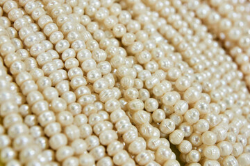 Close-up of shiny white pearls in various sizes showcasing smooth texture and luster.