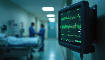 Hospital hallway at night shows patient monitor displaying vital signs. Medical professionals in blue uniforms attend to patient on gurney. Intensive care unit scene features medical equipment,
