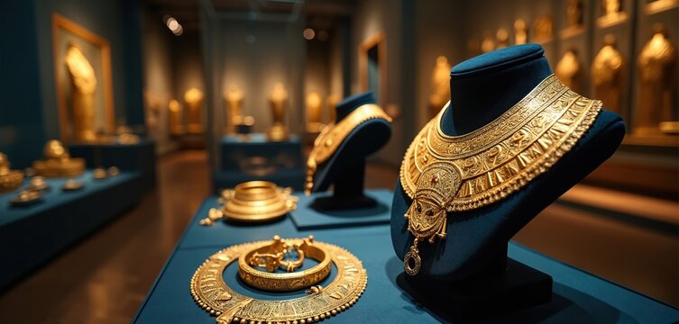 Ancient Egyptian gold jewelry displayed in museum. Intricate necklaces, bracelets, artifacts showcase valuable cultural treasures. Collection highlights history, luxury, craftsmanship. Invaluable