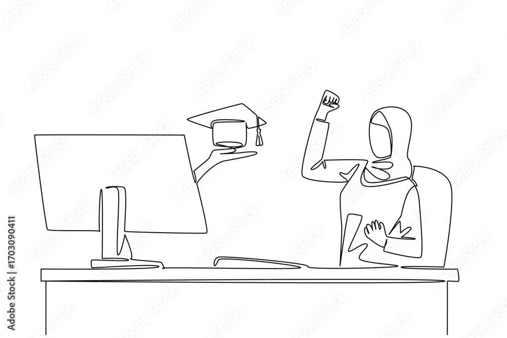 Aufkleber single continuous line drawing hands out of the monitor screen while holding a graduation cap. onlin