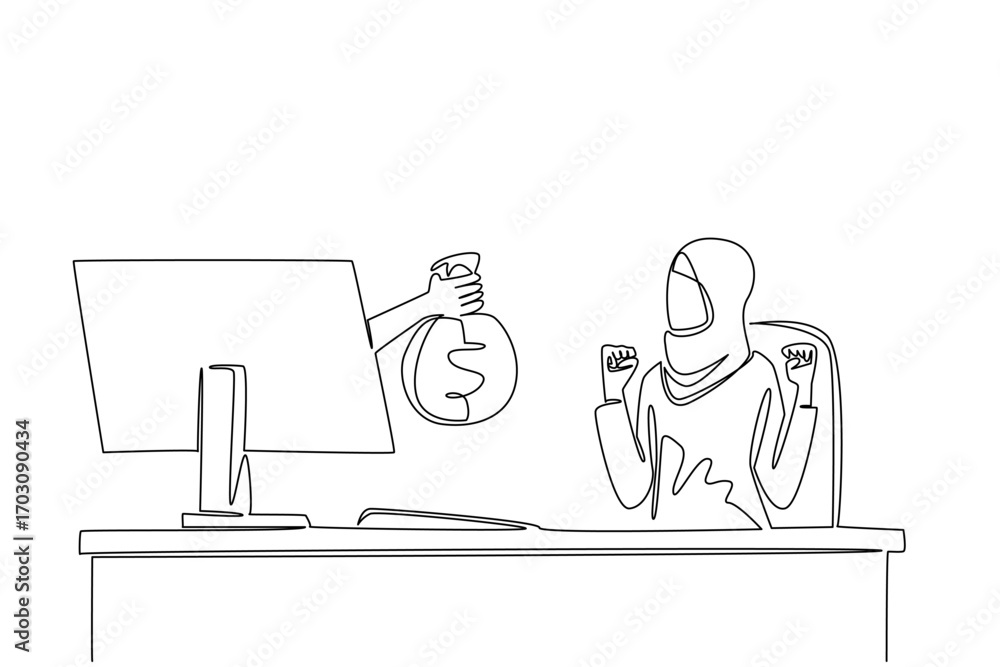 Aufkleber continuous one line drawing hands out of monitor screen while holding money bag. fun business when p