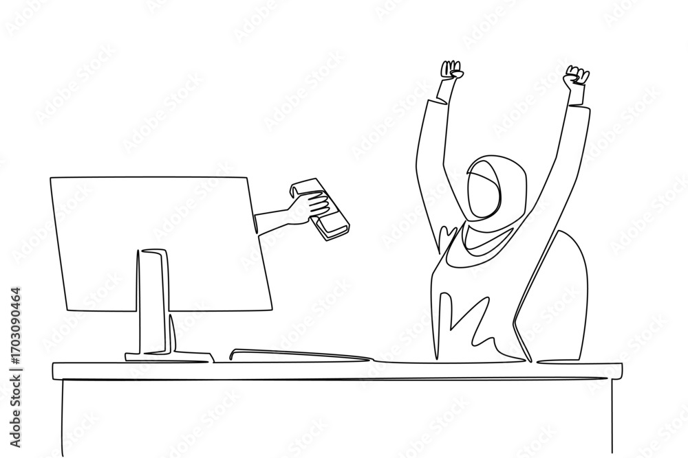 Aufkleber single one line drawing hands out of the monitor screen while holding a stack of banknotes. fast ret