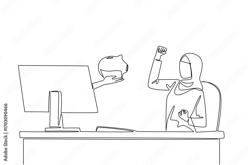 Poster single continuous line drawing hands out of the monitor screen while holding a piggy bank. get addit