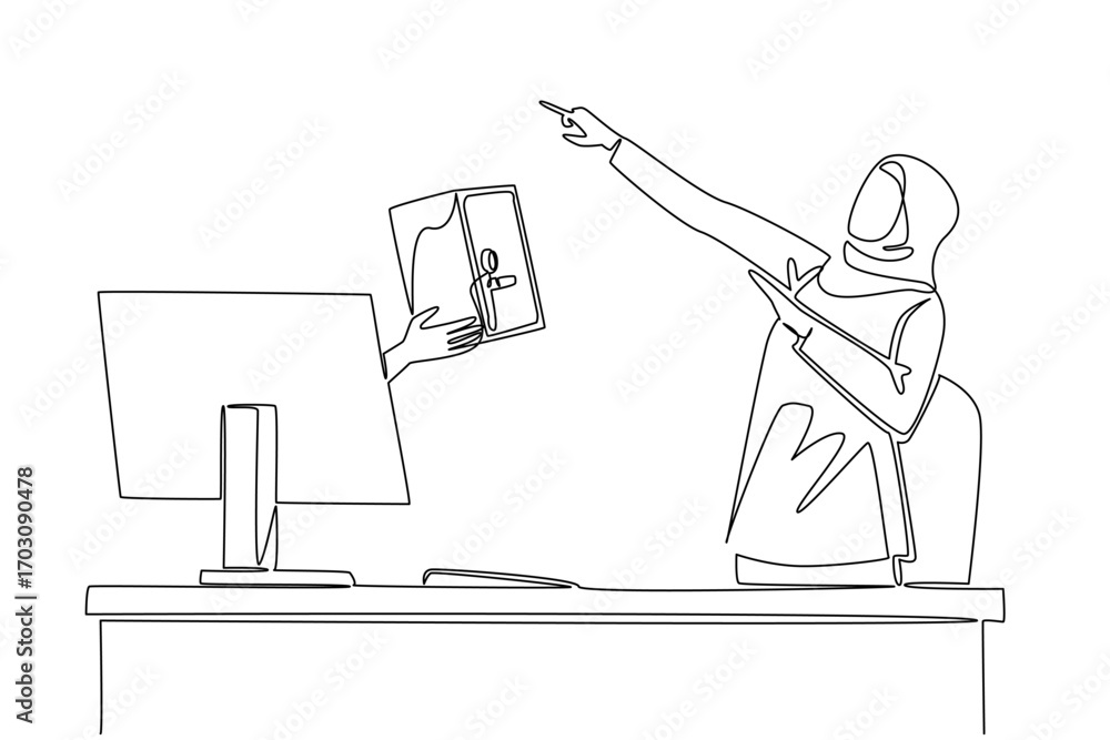 Aufkleber continuous one line drawing hands out of the monitor screen while holding a safe deposit box. only s