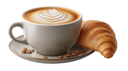 cup of coffee and croissant isolated on transparent white background