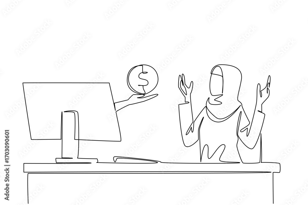 Poster single continuous line drawing hands out of the monitor screen while holding a penny. little capital