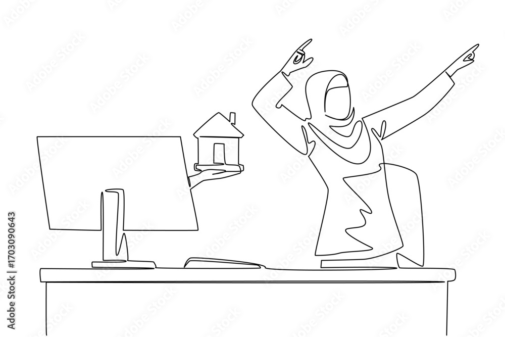 Aufkleber continuous one line drawing hands out of the monitor screen while holding miniature house. passive i