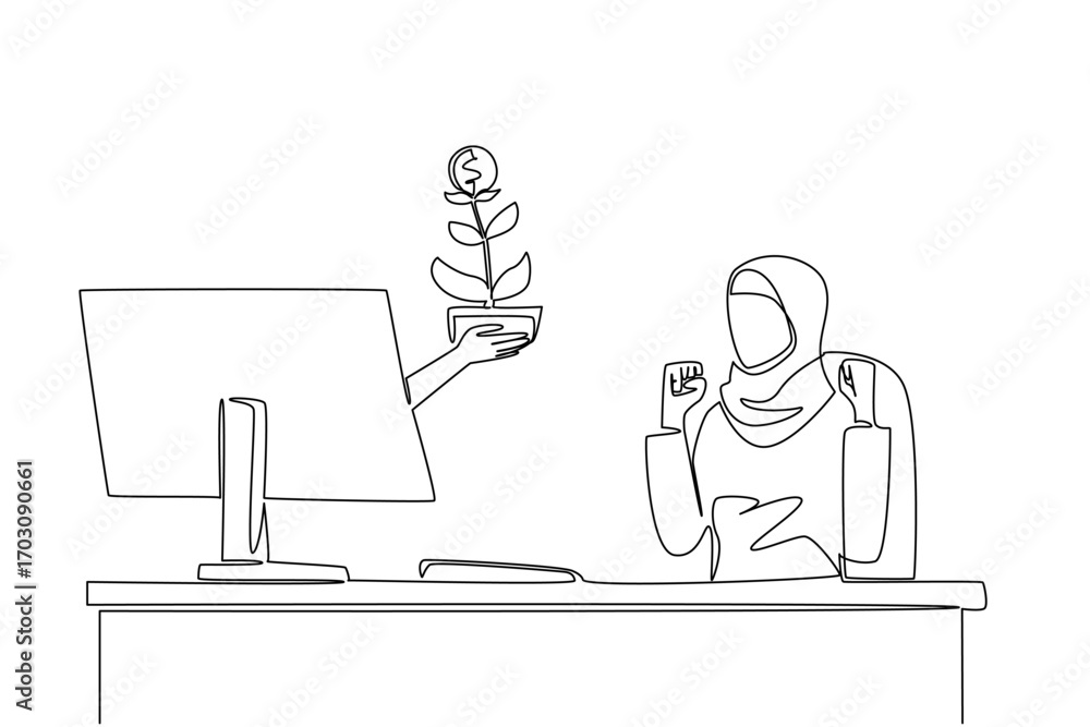 Aufkleber single continuous line drawing hands out of the monitor screen while holding a money tree with dolla