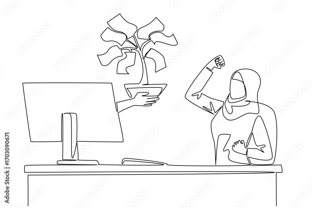 Poster single continuous line drawing hands out of the monitor screen while holding money tree with leaves 
