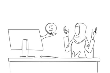 Single continuous line drawing hands out of the monitor screen while holding a penny. Little capital to be made maximum profit. Symbolization. Things from Screen. One line design vector illustration © Simple Line