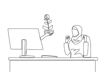 Single continuous line drawing hands out of the monitor screen while holding a money tree with dollar coin fruit. Investing patience pays off. Things from Screen. One line design vector illustration