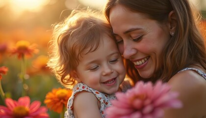 Joyful mother hugs smiling baby daughter in vibrant summer flower field. Golden hour sunlight creates warm glow on faces, tender bond, pure childhood happiness. Affectionate moment of parenthood.
