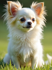Close-up portrait of fluffy white Pomeranian dog sitting in green grass. This small, adorable purebred Spitz puppy with big dark eyes, alert ears gazes attentively, embodying cuteness, domestic charm.
