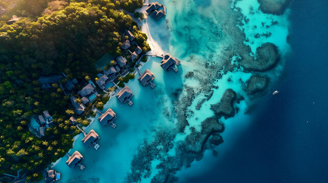 Drone view of Bora Bora island, French Polynesia, showcasing the iconic mount Otemanu, turquoise lagoon, lush green vegetation, and idyllic overwater bungalows resort