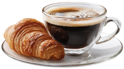 cup of coffee and croissant isolated on transparent white background