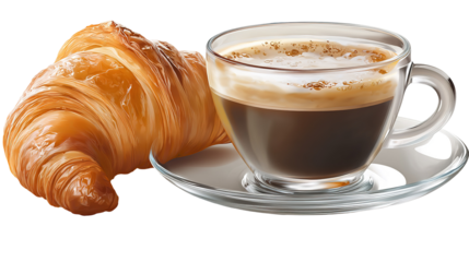 cup of coffee and croissant isolated on transparent white background